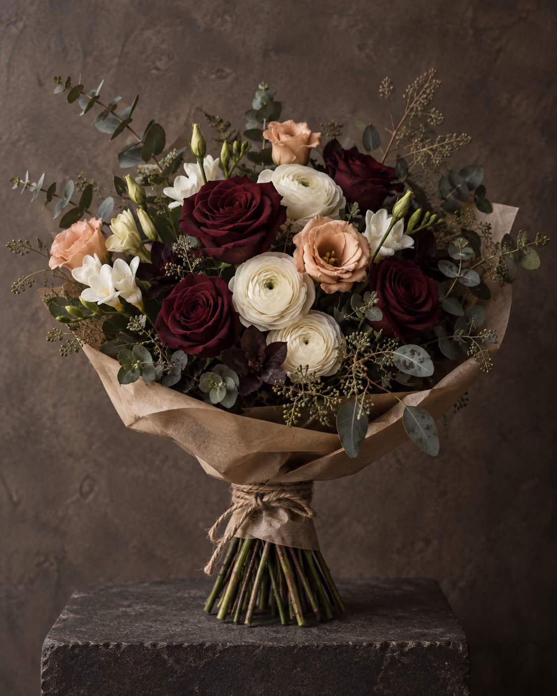 Perakende sipariş için kraft kâğıda sarılmış bordo ve beyaz mevsim buketi